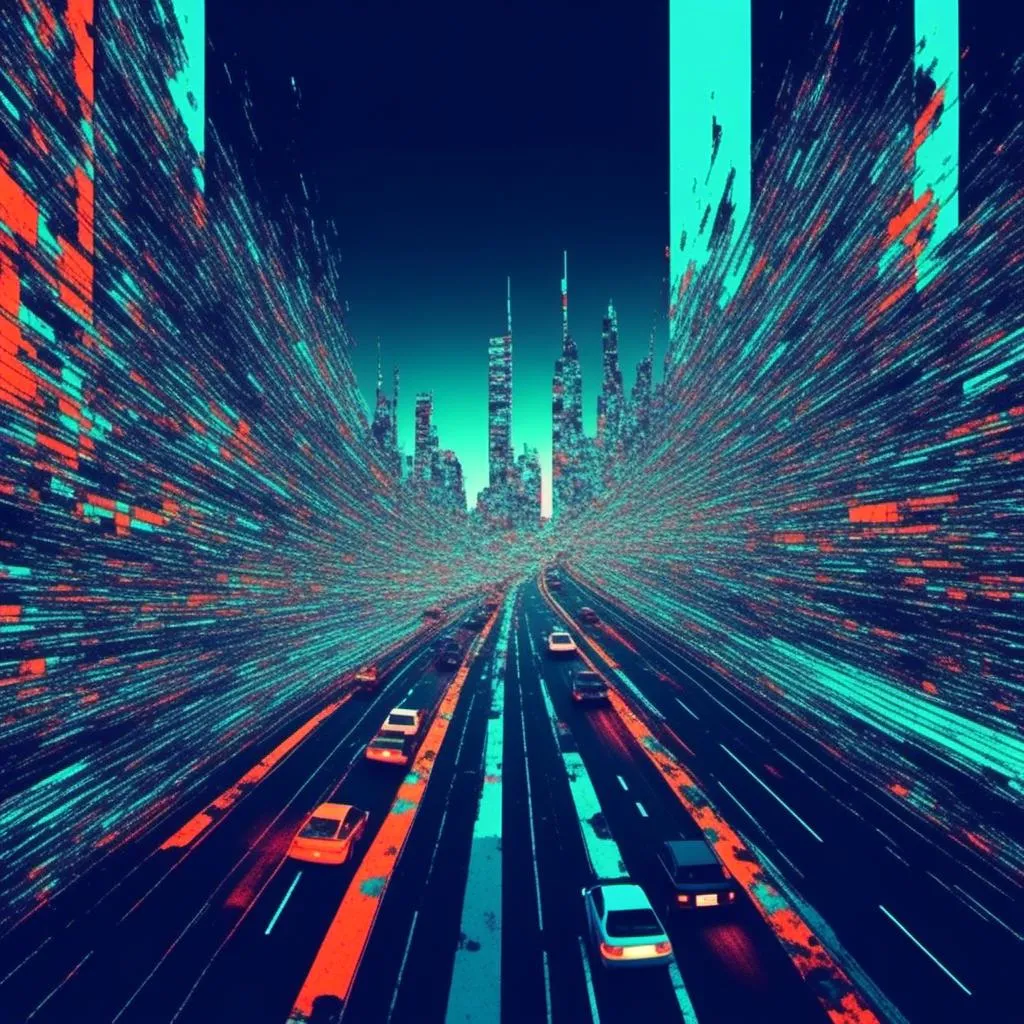 Prompt: <mymodel>, Glitch-Art style, Video glitching, city skyline, winding roads, traffic lights, traffic