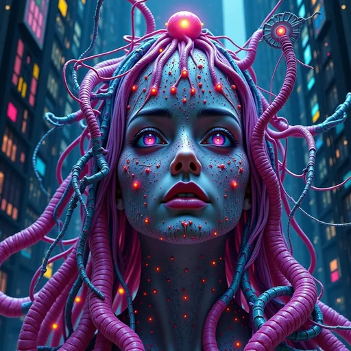 Prompt: (psychedelic art), a woman with her head submerged in water, surrounded by vivid tentacles and fantastical water creatures, a shimmering city skyline in the background, vibrant colors, (biopunk) elements, (cyberpunk) aesthetics, intricate details and designs, surreal ambiance, high-contrast lighting, ultra-detailed, dreamlike atmosphere, (Android Jones style).