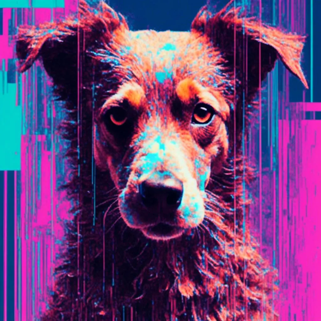 Prompt: <mymodel>, Glitch-Art style, Video glitching, a dog