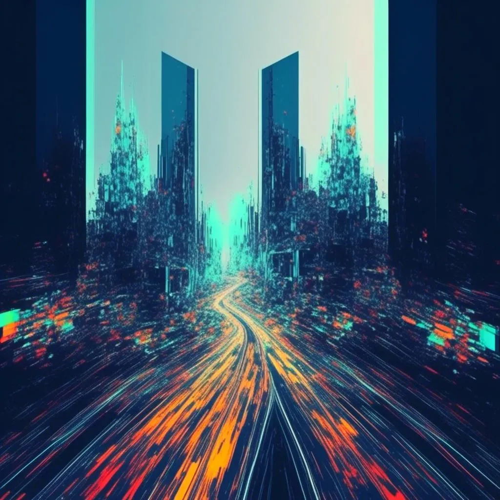 Prompt: <mymodel>, Glitch-Art style, Video glitching, city skyline, winding roads, traffic lights, traffic