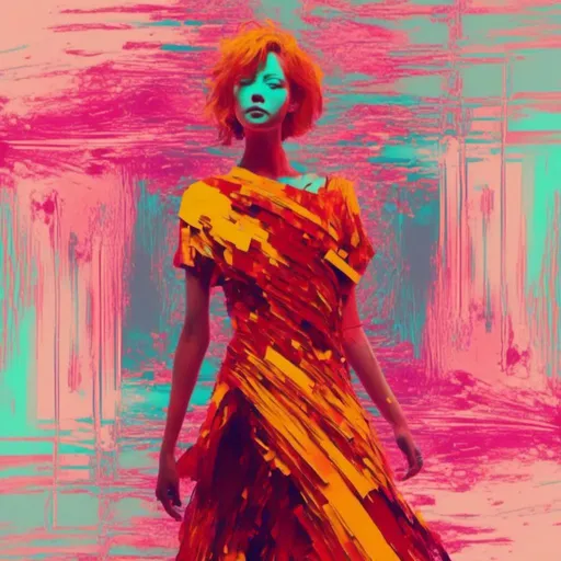 Prompt: <mymodel>, Glitch-Art style, Video glitching, Retro futuristic woman in ketchup and mustard dress