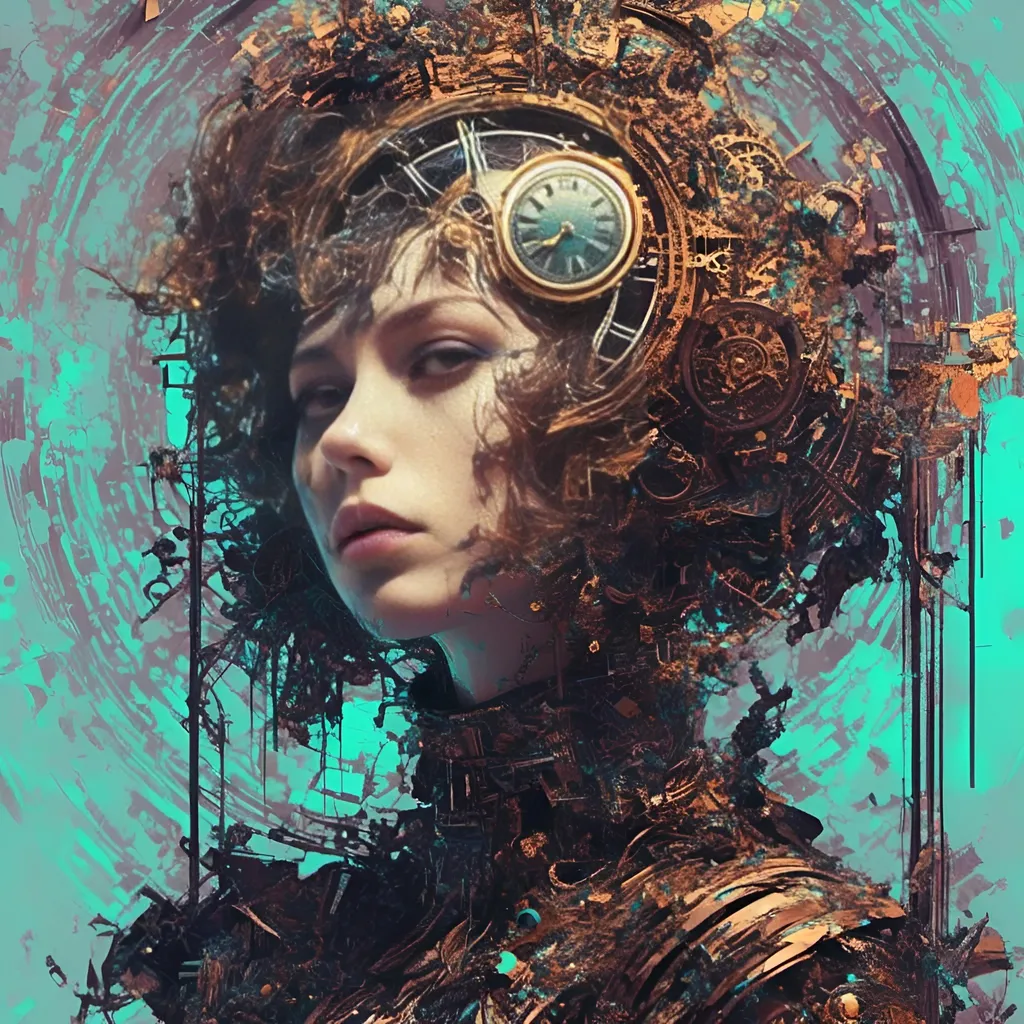 Prompt: <mymodel>, Glitch-Art style, Video glitching, Steampunk clocks