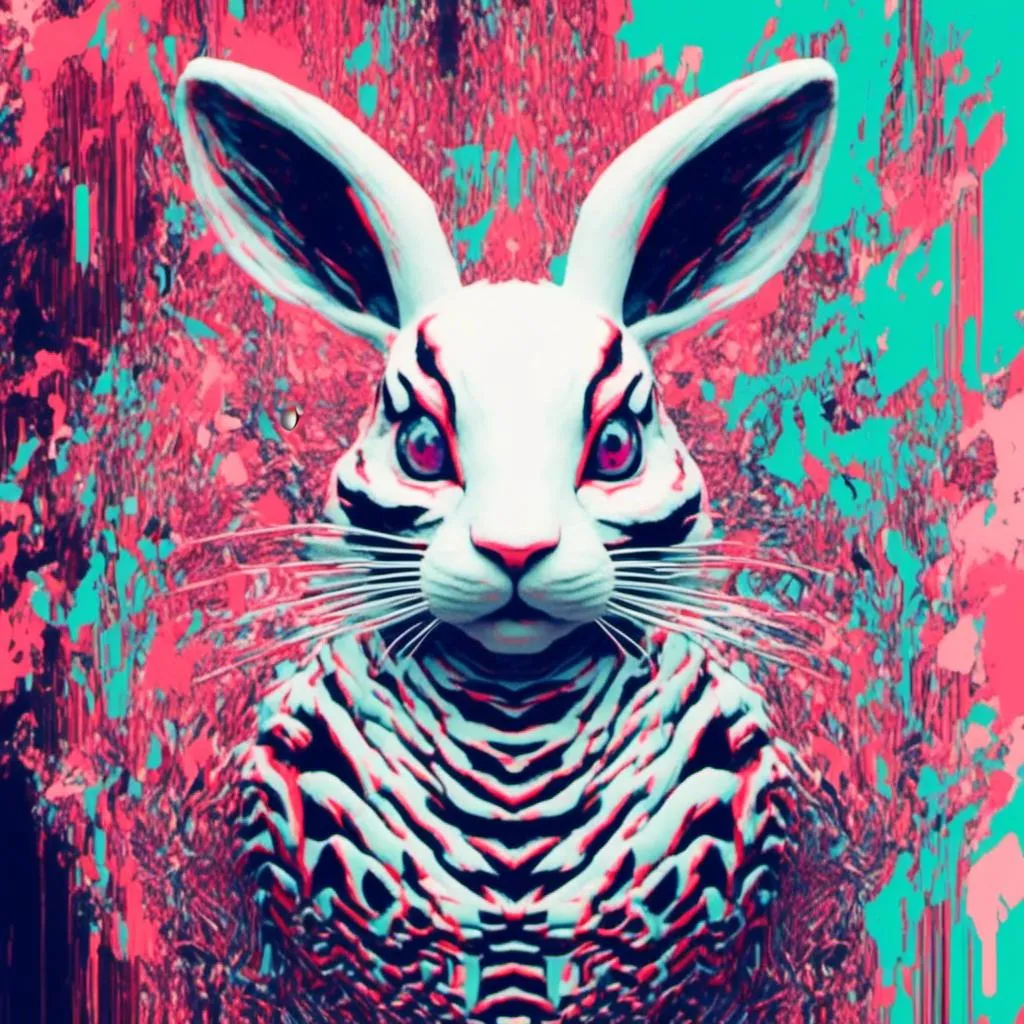 Prompt: <mymodel>, Glitch-Art style, Video glitching, Alice in wonderland, white rabbit, tiger, caterpillar