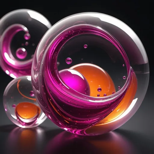 Prompt: a highly stylized abstract design, a digital artwork, glossy, fluid-like transparent structures and spheres, realistic reflective quality, magenta and orange, depth and movement, molten glass in mid-air, fine thread-like lines, scattered small droplets, motion complexity composition, sleek and modern aesthetic, 3D dynamic appearance, dark background, luminosity and translucency of glass shapes.