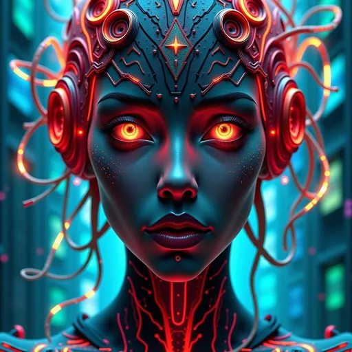 Prompt: (futuristic suit), woman, cyberpunk style, (retrofuturism), vibrant neon colors, intricate technology patterns, detailed facial features, intense expression, sci-fi elements, dynamic composition, digital art, (highly detailed), sharp contrasts, ethereal lighting, urban dystopian background, blending nature with technology, intricate accessories.