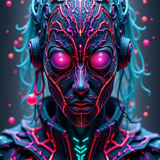 Prompt: (futuristic suit), woman, cyberpunk style, (retrofuturism), vibrant neon colors, intricate technology patterns, detailed facial features, intense expression, sci-fi elements, dynamic composition, digital art, (highly detailed), sharp contrasts, ethereal lighting, urban dystopian background, blending nature with technology, intricate accessories.