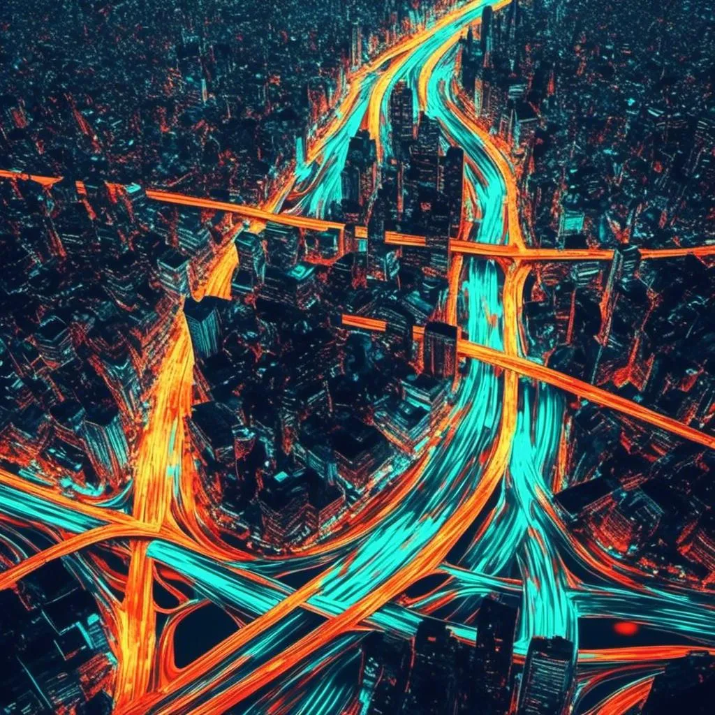 Prompt: <mymodel>, Glitch-Art style, Video glitching, city skyline, winding roads, traffic lights, traffic