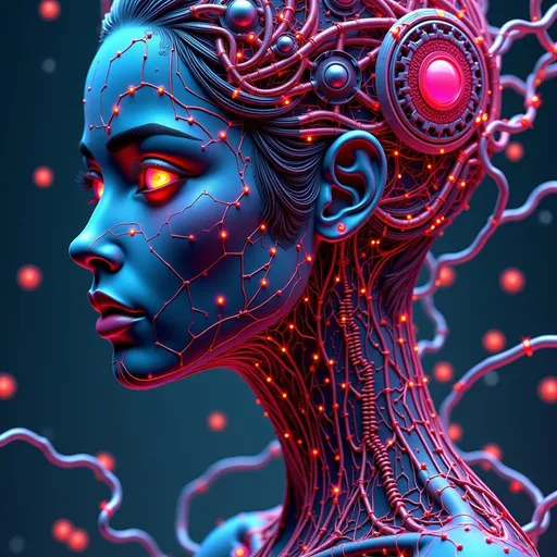 Prompt: (futuristic suit), woman, cyberpunk style, (retrofuturism), vibrant neon colors, intricate technology patterns, detailed facial features, intense expression, sci-fi elements, dynamic composition, digital art, (highly detailed), sharp contrasts, ethereal lighting, urban dystopian background, blending nature with technology, intricate accessories.