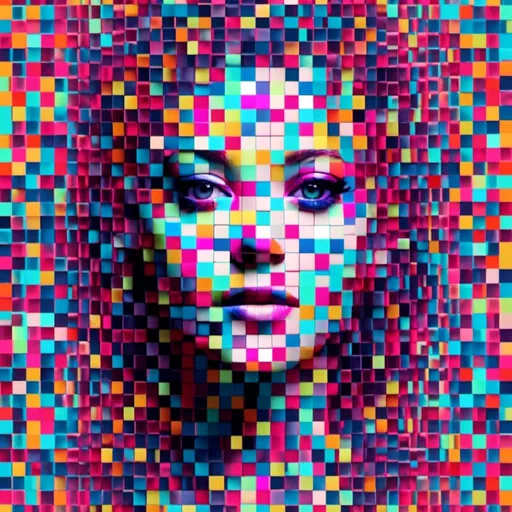 Prompt: <mymodel>, 3d female face emerge from the digital dot matrix with variable colors