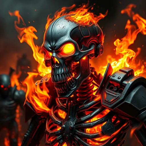 Prompt: The image depicts an intensely dramatic scene, dominated by the presence of a formidable skeletal figure engulfed in flames. This skeletal being, with its fierce, glowing eyes and partially charred, metallic skull, exudes an aura of unrelenting power and menace. The skull is intricately detailed, with grooves and markings that suggest both mechanical and biological influences. Flames and sparks emanate from various points on its body, casting an eerie, incandescent glow around its form. The firelight reflects off the metal, creating an interplay of shadows and highlights that accentuate the skeletal structure.

The creature is clad in a suit of armor that appears both futuristic and battle-worn. The armor is composed of dark, rugged materials interspersed with metallic segments, some of which are glowing red-hot, suggesting recent exposure to intense heat. The design of the armor is intricate, with numerous panels, bolts, and mechanical components that contribute to its fearsome appearance. 

In the background, there are shadowy, indistinct figures, possibly other armored warriors or robots, adding to the chaotic and war-torn atmosphere. The entire scene is bathed in a smoky haze, with embers floating through the air, enhancing the sense of destruction and mayhem. The sky is dark and ominous, filled with swirling smoke and hints of fire, suggesting a battlefield or apocalyptic environment.

The skeletal figure's pose is dynamic and aggressive, with one arm reaching forward, as if lunging towards the viewer or an unseen adversary. The overall composition of the image, combined with the lighting and details, creates a sense of urgency and imminent danger, making it a striking and memorable visual.