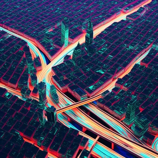 Prompt: <mymodel>, Glitch-Art style, Video glitching, city skyline, winding roads, traffic lights, traffic