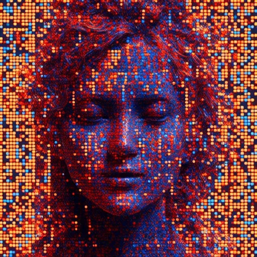 Prompt: <mymodel>, 3d glass face emerge from the digital dot matrix with variable colors, on fire