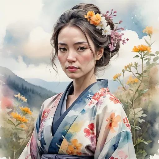 Prompt: A woman wearing an intricate kimono,
 rendered in a loose and expressive digital watercolor style. Focus on 
soft washes of color and visible brushstrokes. High resolution, detailed
 foreground with wildflowers, dramatic clouds.