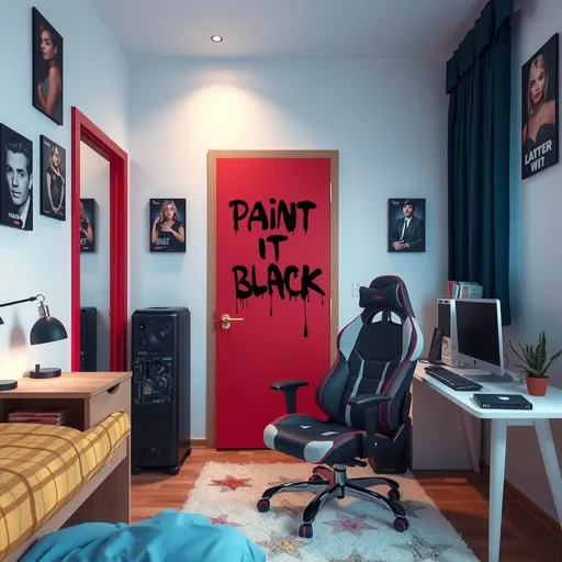 Prompt: a teenage boy's modern sleeping room with sleeping room furniture and popstar-posters on the white wall, the door is red with a text on it saying: 'Paint it Black.' in droopy wet black paint, a gaming pc on a gaming desk with a gaming chair in the corner.
