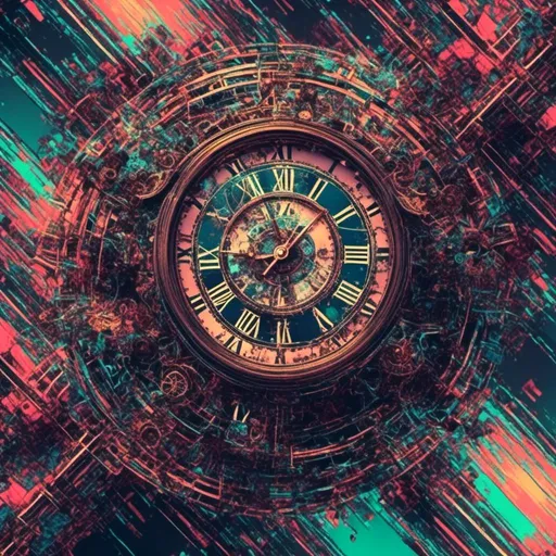 Prompt: <mymodel>, Glitch-Art style, Video glitching, Steampunk clocks