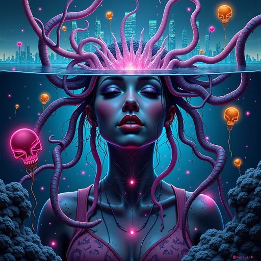 Prompt: (psychedelic art), a woman with her head submerged in water, surrounded by vivid tentacles and fantastical water creatures, a shimmering city skyline in the background, vibrant colors, (biopunk) elements, (cyberpunk) aesthetics, intricate details and designs, surreal ambiance, high-contrast lighting, ultra-detailed, dreamlike atmosphere, (Android Jones style).