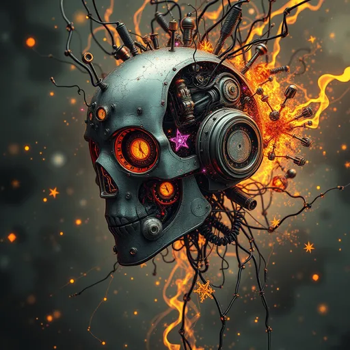 Prompt: Steampunk robot head, In the absence of logic, chaos reigns supreme, unfurling itself as a vast, untamable force that weaves through reality, turning order into a mesmerizing dance of unpredictability. This chaos, untethered and unyielding, pulses with a raw, primal energy, as if the very fabric of existence were fracturing into a billion shards of color and light, each reflecting a different dimension of euphoria. Pure exhilaration is not merely a feeling, but a visceral surge of life-force that courses through the veins like liquid fire, igniting every nerve ending, every cell, in a dazzling display of sensory overload.

It is as if one is caught in the grip of a cosmic storm, where emotions swirl and collide, each one more intense than the last, building towards a cataclysmic crescendo of unadulterated joy. Every atom of your being resonates with this energy, vibrating in harmony with the chaotic rhythm of the universe. Neural-network organisms, crafted with breathtaking intricacy, shimmer with bioluminescent hues, their textures so finely detailed that they seem almost tangible, even in their otherworldliness. RTX reflections and cutting-edge graphics blend seamlessly into this digital landscape, rendering each scene in mind-bending 8K resolution, every pixel bursting with a hundred million layers of detail. In this realm, where reality bends and twists under the weight of its own complexity, the boundaries between the organic and the synthetic blur, creating a world that is at once both familiar and fantastical, where the only constant is the ever-present rush of exhilaration that drives the spirit to soar.