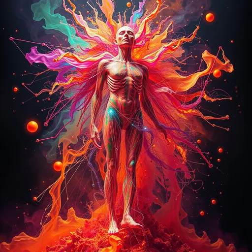 Prompt: Psychedelic biomechenical human full body, In the absence of logic, chaos reigns supreme, unfurling itself as a vast, untamable force that weaves through reality, turning order into a mesmerizing dance of unpredictability. This chaos, untethered and unyielding, pulses with a raw, primal energy, as if the very fabric of existence were fracturing into a billion shards of color and light, each reflecting a different dimension of euphoria. Pure exhilaration is not merely a feeling, but a visceral surge of life-force that courses through the veins like liquid fire, igniting every nerve ending, every cell, in a dazzling display of sensory overload.

It is as if one is caught in the grip of a cosmic storm, where emotions swirl and collide, each one more intense than the last, building towards a cataclysmic crescendo of unadulterated joy. Every atom of your being resonates with this energy, vibrating in harmony with the chaotic rhythm of the universe. Neural-network organisms, crafted with breathtaking intricacy, shimmer with bioluminescent hues, their textures so finely detailed that they seem almost tangible, even in their otherworldliness. RTX reflections and cutting-edge graphics blend seamlessly into this digital landscape, rendering each scene in mind-bending 8K resolution, every pixel bursting with a hundred million layers of detail. In this realm, where reality bends and twists under the weight of its own complexity, the boundaries between the organic and the synthetic blur, creating a world that is at once both familiar and fantastical, where the only constant is the ever-present rush of exhilaration that drives the spirit to soar.