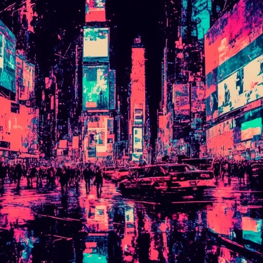 Prompt: <mymodel>, glitch art style, times-square, new york at night