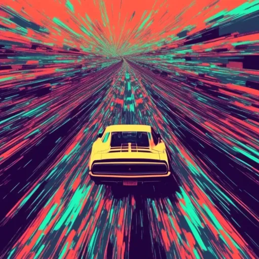 Prompt: <mymodel>, Glitch-Art style, Video glitching, Muscle-cars racing down the highway
