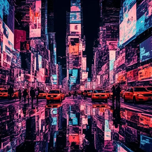 Prompt: <mymodel>, glitch art style, times-square, new york at night