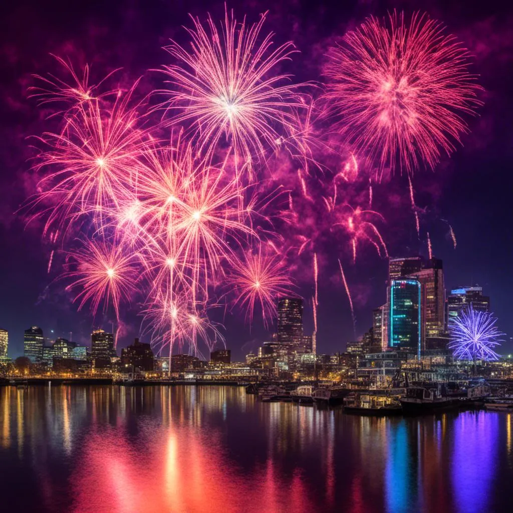 Prompt: Rotterdam  skyline colorful New year, Fireworks, highly detailed, intricate detail, 8k, HDR, <mymodel>