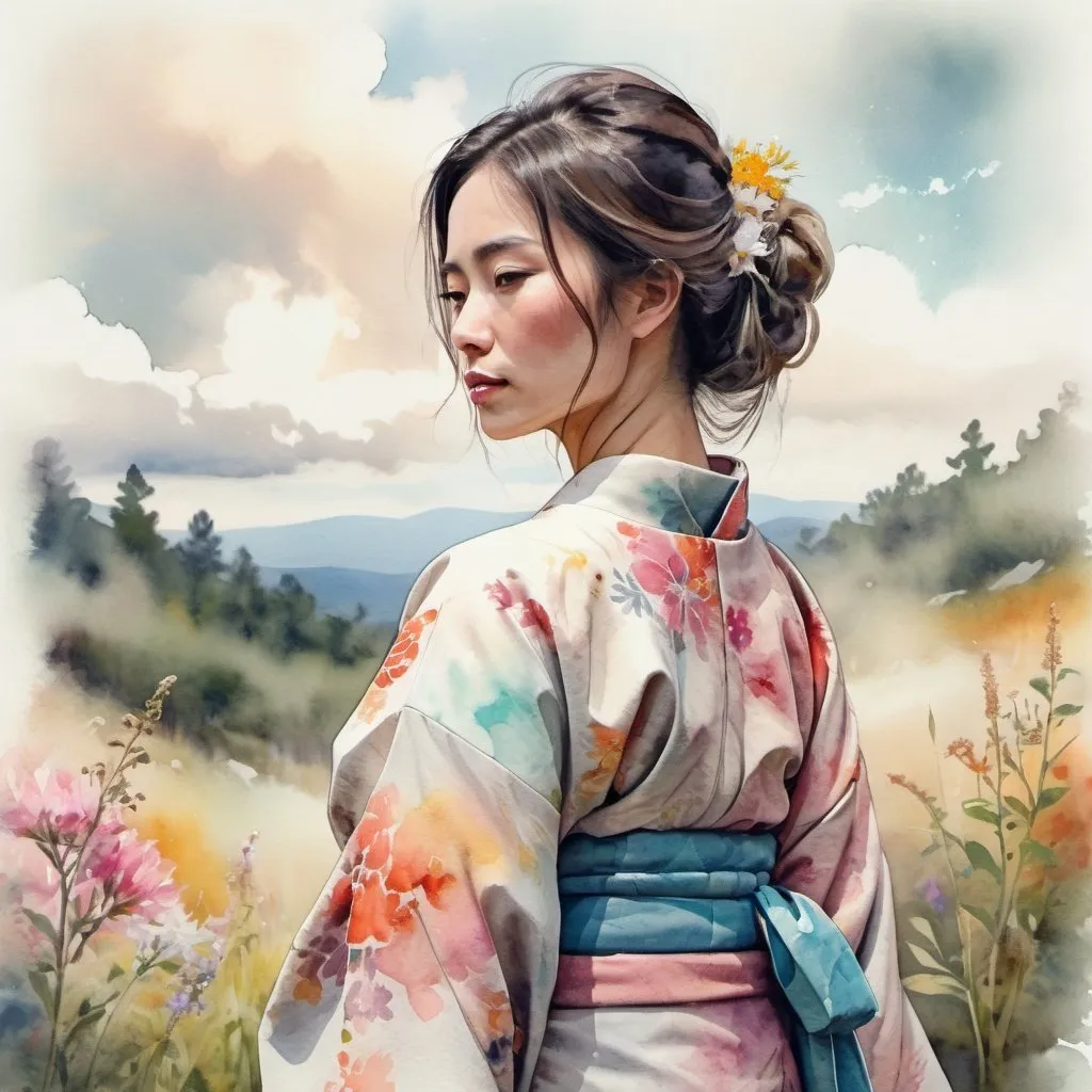 Prompt: A woman wearing an intricate kimono,
 (loose and expressive digital watercolor style:1.3), Focus on 
soft washes of color and visible brushstrokes. High resolution, detailed
 foreground with wildflowers, dramatic clouds.