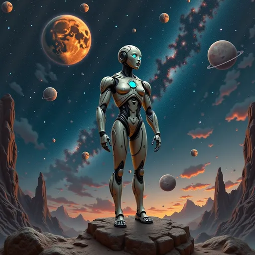 Prompt: Highly Technological female Robot Looking Up Standing On An Asteroid In The Middle Of Galaxies , nebulosas e planetas, intrincado, estrelas, Worn and rusty metal robot, Textura realista, obra prima, cinemactic, realistic oil painting, imagem tipo poster