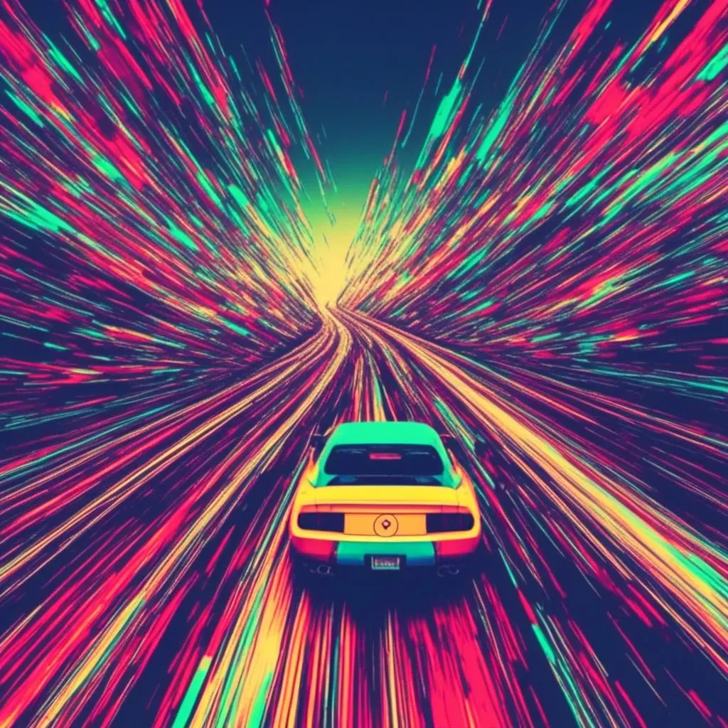 Prompt: <mymodel>, Glitch-Art style, Video glitching, Muscle-cars racing down the highway