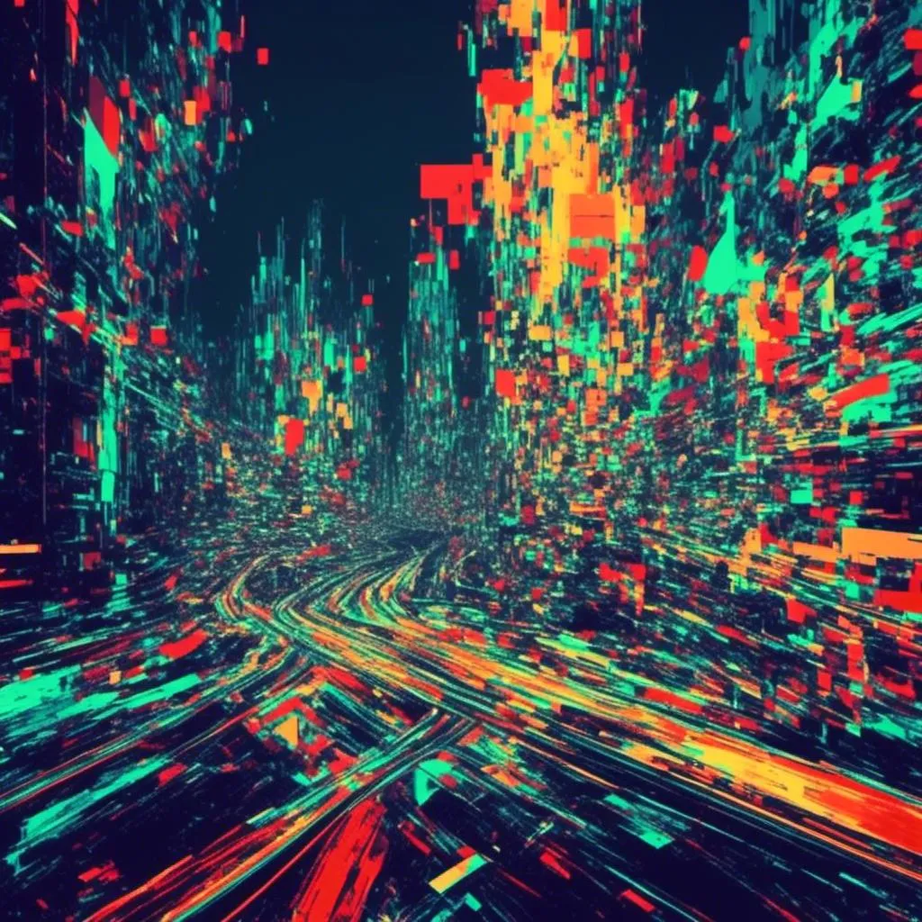 Prompt: <mymodel>, Glitch-Art style, Video glitching, city skyline, winding roads, traffic lights, traffic