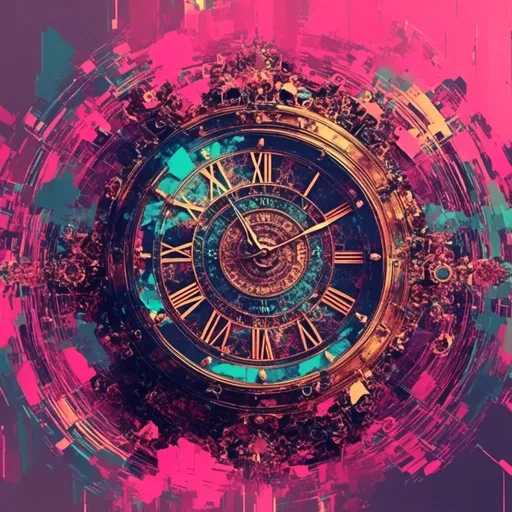 Prompt: <mymodel>, Glitch-Art style, Video glitching, Steampunk clocks