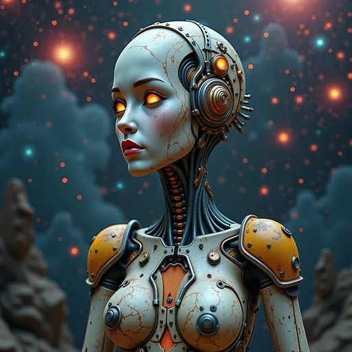 Prompt: Highly Technological female Robot Looking Up Standing On An Asteroid In The Middle Of Galaxies , nebulosas e planetas, intrincado, estrelas, Worn and rusty metal robot, Textura realista, obra prima, cinemactic, realistic oil painting, imagem tipo poster