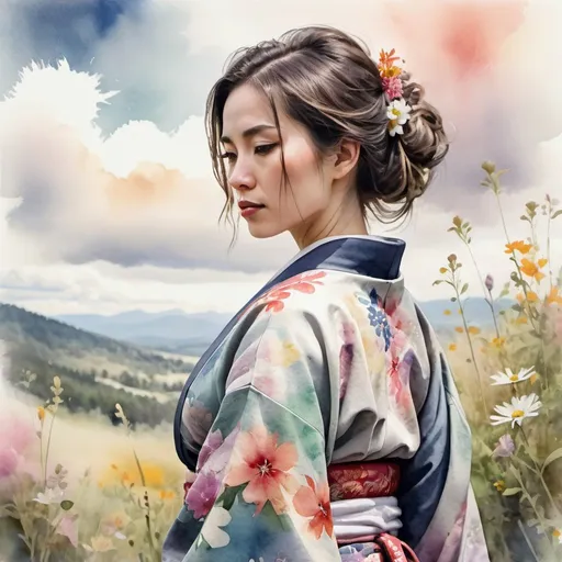 Prompt: A woman wearing an intricate kimono,
 rendered in a loose and expressive digital watercolor style. Focus on 
soft washes of color and visible brushstrokes. High resolution, detailed
 foreground with wildflowers, dramatic clouds.