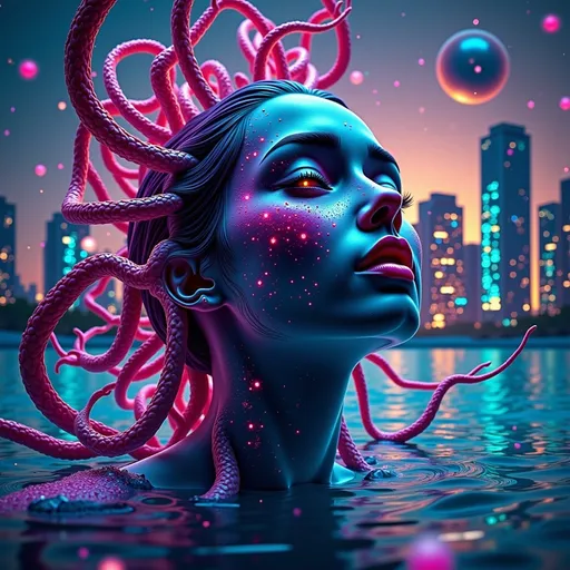 Prompt: (psychedelic art), a woman with her head submerged in water, surrounded by vivid tentacles and fantastical water creatures, a shimmering city skyline in the background, vibrant colors, (biopunk) elements, (cyberpunk) aesthetics, intricate details and designs, surreal ambiance, high-contrast lighting, ultra-detailed, dreamlike atmosphere, (Android Jones style).