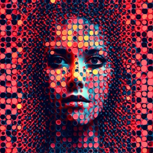 Prompt: <mymodel>, 3d female face emerge from the digital dot matrix with variable colors, fire