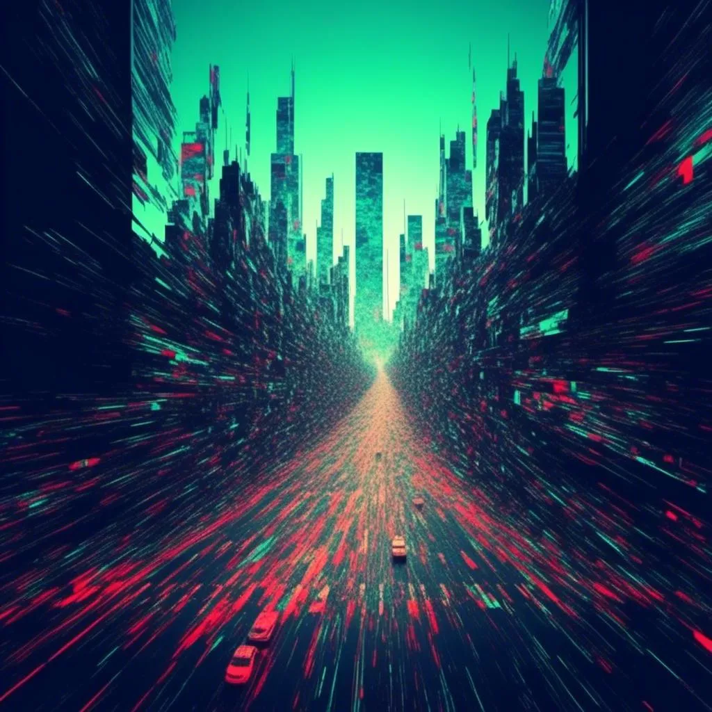 Prompt: <mymodel>, Glitch-Art style, Video glitching, city skyline, winding roads, traffic lights, traffic