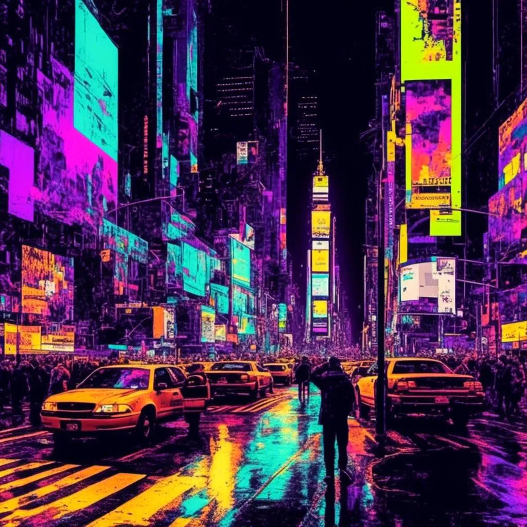 Prompt: <mymodel>, glitch art style, times-square, new york at night, cyberpunk, neon green,neon purple, neon red, neon blue