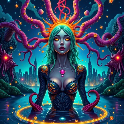 Prompt: (psychedelic art), a woman with her head submerged in water, surrounded by vivid tentacles and fantastical water creatures, a shimmering city skyline in the background, vibrant colors, (biopunk) elements, (cyberpunk) aesthetics, intricate details and designs, surreal ambiance, high-contrast lighting, ultra-detailed, dreamlike atmosphere, (Android Jones style).