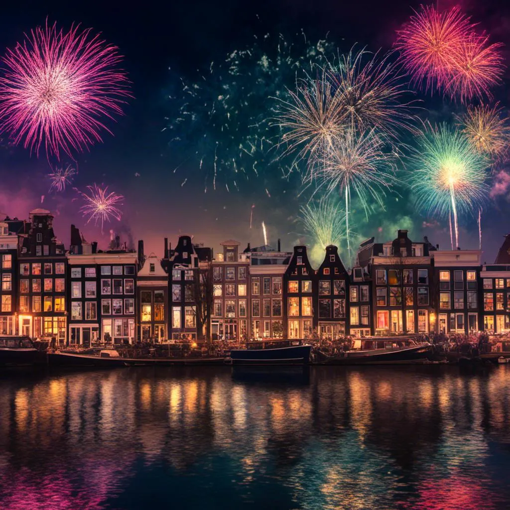 Prompt: Amsterdam skyline, colorful New year, Fireworks, highly detailed, intricate detail, 8k, HDR, <mymodel>