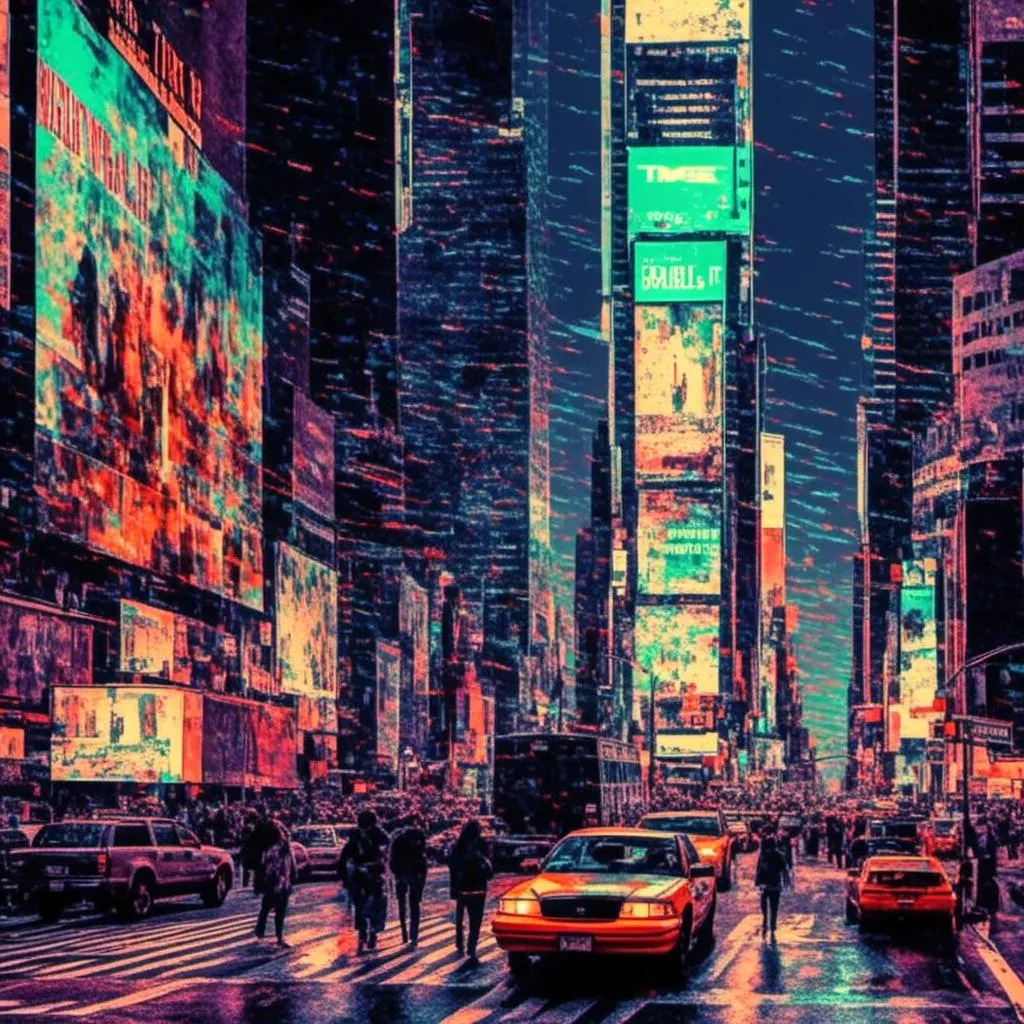 Prompt: <mymodel>, glitch art style, times-square, new york at night, cyberpunk,