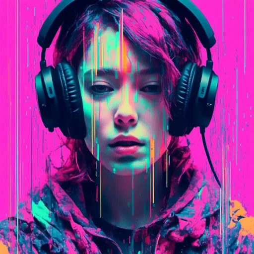 Prompt: <mymodel>, glitch art style, a woman with headphones on,