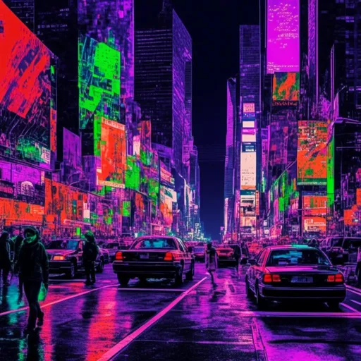 Prompt: <mymodel>, glitch art style, times-square, new york at night, cyberpunk, neon green,neon purple, neon red, neon blue