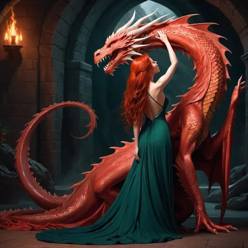 Prompt: digital art of back view full body beautiful woman with long red hair wearing flowing gown, reaching up to touch the face of a dragon, showing the whole dragon body, fantasy, dungeons and dragons style