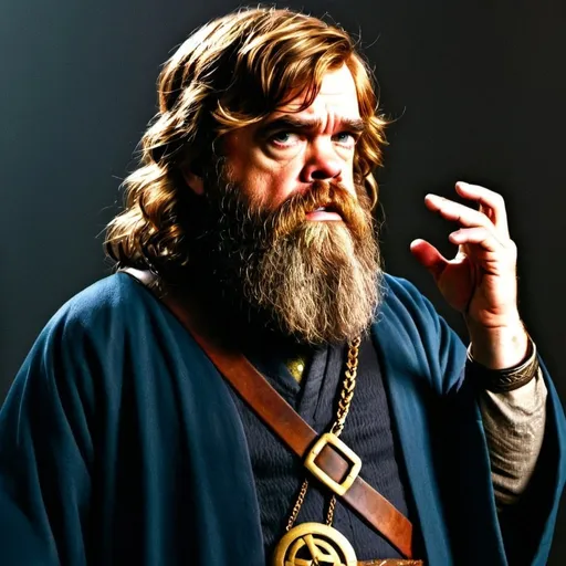 Prompt: Please generate and adventuring party led by a dwarf, in rich noble dress of 1250s Ireland, who is a wizard and bears a resemblance to Tyrion Lannister (Peter Dinklage) from the Game of Thrones series. The dwarven wizard, is athletic, in his mid 30s with a long black haired braided beard and well kempt black hair and is wearing dark blue robes adorned with copper and brass in a wizardly fashion. The image should be photorealistic and in the background, the dwarven wizard should have beautiful, tall maidens that tower over him in the background. The warrior maidens have long daggers at their belts, blonde hair, and black dresses that could be woven from raven black human hair. 