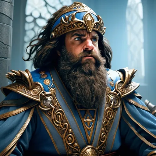 Prompt: A young, 35 year old, dark brown haired dwarven wizard sitting on a brass clad throne in a throne room. He is wearing blue leather robes and blue leather armor. There is a reading stand positioned so a thick tome is open for reading on his left side. 