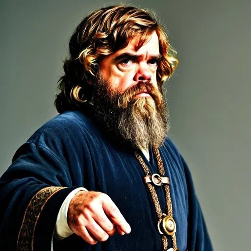 Prompt: Please generate a dwarf, in rich noble dress of 1250s Ireland, who is a wizard and bears a resemblance to Tyrion Lannister (Peter Dinklage) from the Game of Thrones series. The dwarven wizard, is athletic, in his mid 30s with a long black haired braided beard and well kempt black hair and is wearing dark blue robes adorned with copper and brass in a wizardly fashion. The image should be photorealistic and in the background, the dwarven wizard should have beautiful, tall maidens that tower over him in the background. The warrior maidens have long daggers at their belts, blonde hair, and black dresses that could be woven from raven black human hair. 