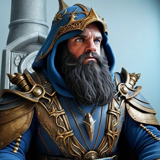 Prompt: A young, 35 year old, jet black haired dwarven wizard sitting on a brass clad throne in a throne room. He is wearing blue leather robes and blue leather armor, with a  simple hood. There is a reading stand positioned so a thick tome is open for reading on his left side. Photorealistic wide shot.