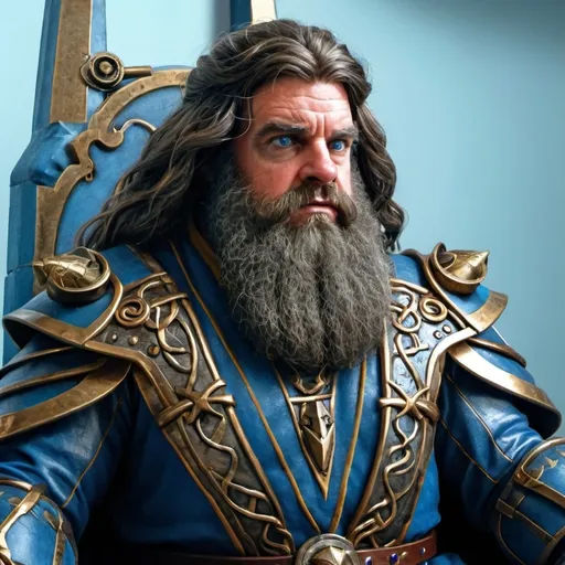 Prompt: A young, 35 year old, dwarven wizard sitting on a brass clad throne in a throne room. He is wearing blue leather robes and blue leather armor. There is a reading stand positioned so a thick tome is open for reading on his left side. 