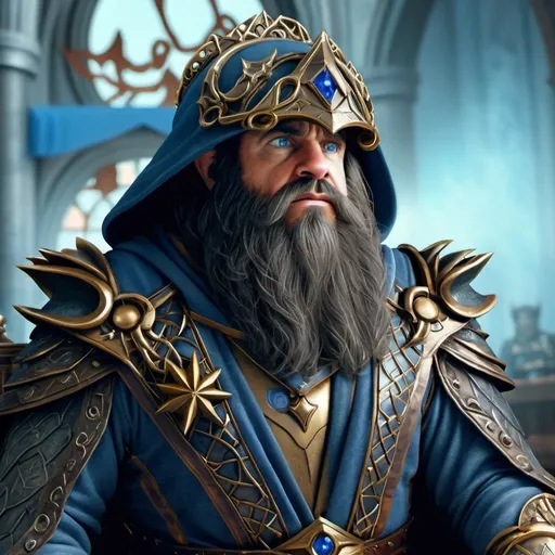 Prompt: A young, 35 year old, jet black haired dwarven wizard sitting on a brass clad throne in a throne room. He is wearing blue leather robes and blue leather armor, with a  simple hood. There is a reading stand positioned so a thick tome is open for reading on his left side. Photorealistic wide shot.