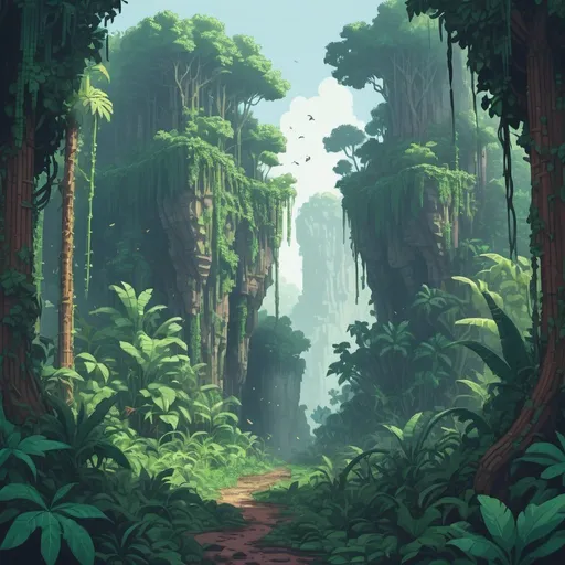 Prompt: a pixelart of a High fantasy jungle forest with cliffs and trees with very long leaves touching the ground, vines, Award Winning, Trending on Artstation, 8k, UHD